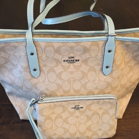 Coach Signature Coated Canvas Light Blue and Matching Wallet - Picture 1 of 10